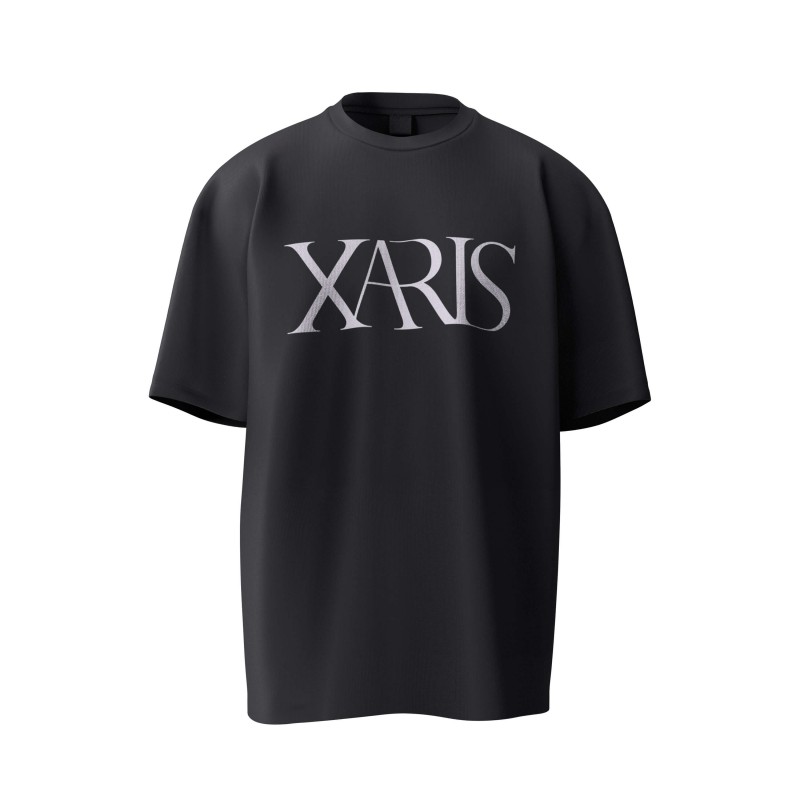 tricou negru unisex pentru barbati si femei regular fit model TS006 cu logo XARIS alb pe fata din bumbac
