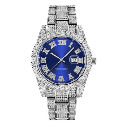 ceas quartz argintiu unisex pentru barbati si femei model elvetian cadran albastru incrustat cu cristale semipretioase din zircon CZ