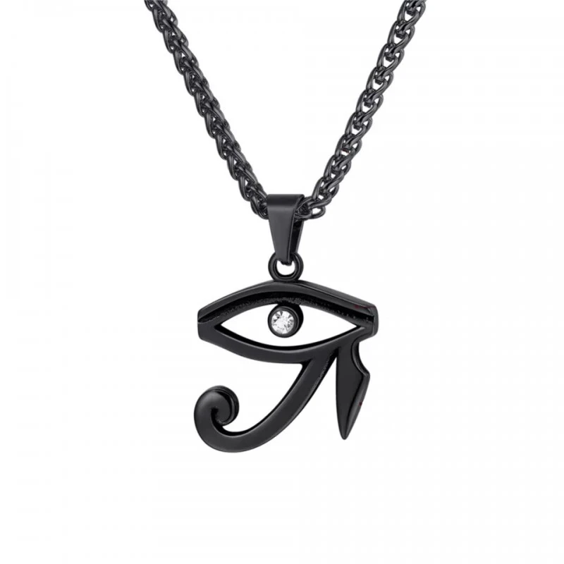 lant cu pandantiv negru unisex pentru barbati si femei tip medalion Ochiul lui Horus din otel inoxidabil incrustat cu cristale semipretioase din zircon CZ