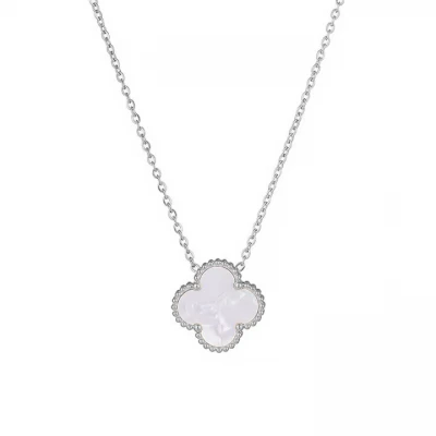 Lant ajustabil inox cu charm trifoi alb opal, argintiu
