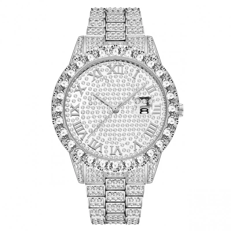 ceas quartz argintiu unisex pentru barbati si femei model frantuzesc incrustat cu cristale semipretioase din zircon CZ