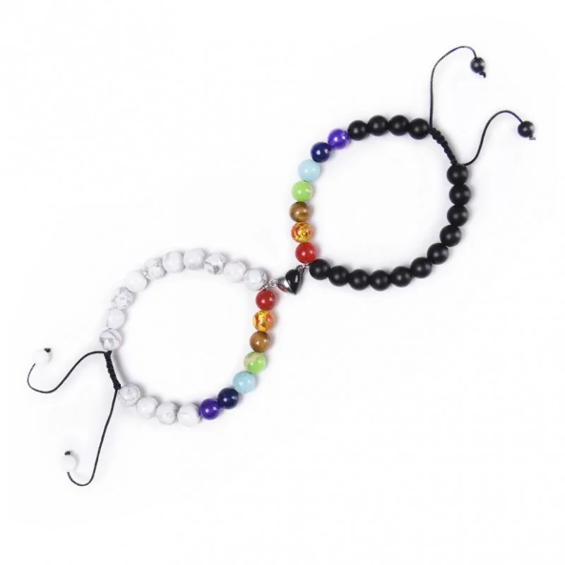 set 2 bratari ajustabile cuplu neagra si alba cu snur negru unisex pentru barbati si femei cu bile din roca vulcanica si pietre naturale semipretioase howlit, ametist, lapis lazuli, angelit, apatit verde, agat rosu, ochi de tigru, chihlimbar